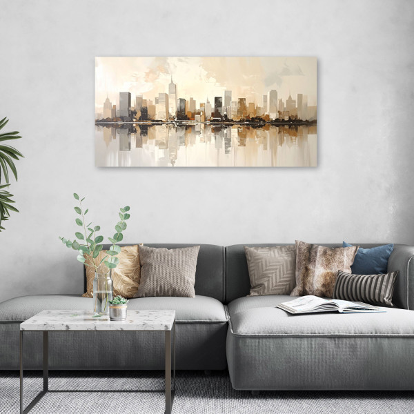 Obraz do salonu sypialni biura, Nowoczesne Miasto w kolorach beżu 80x40