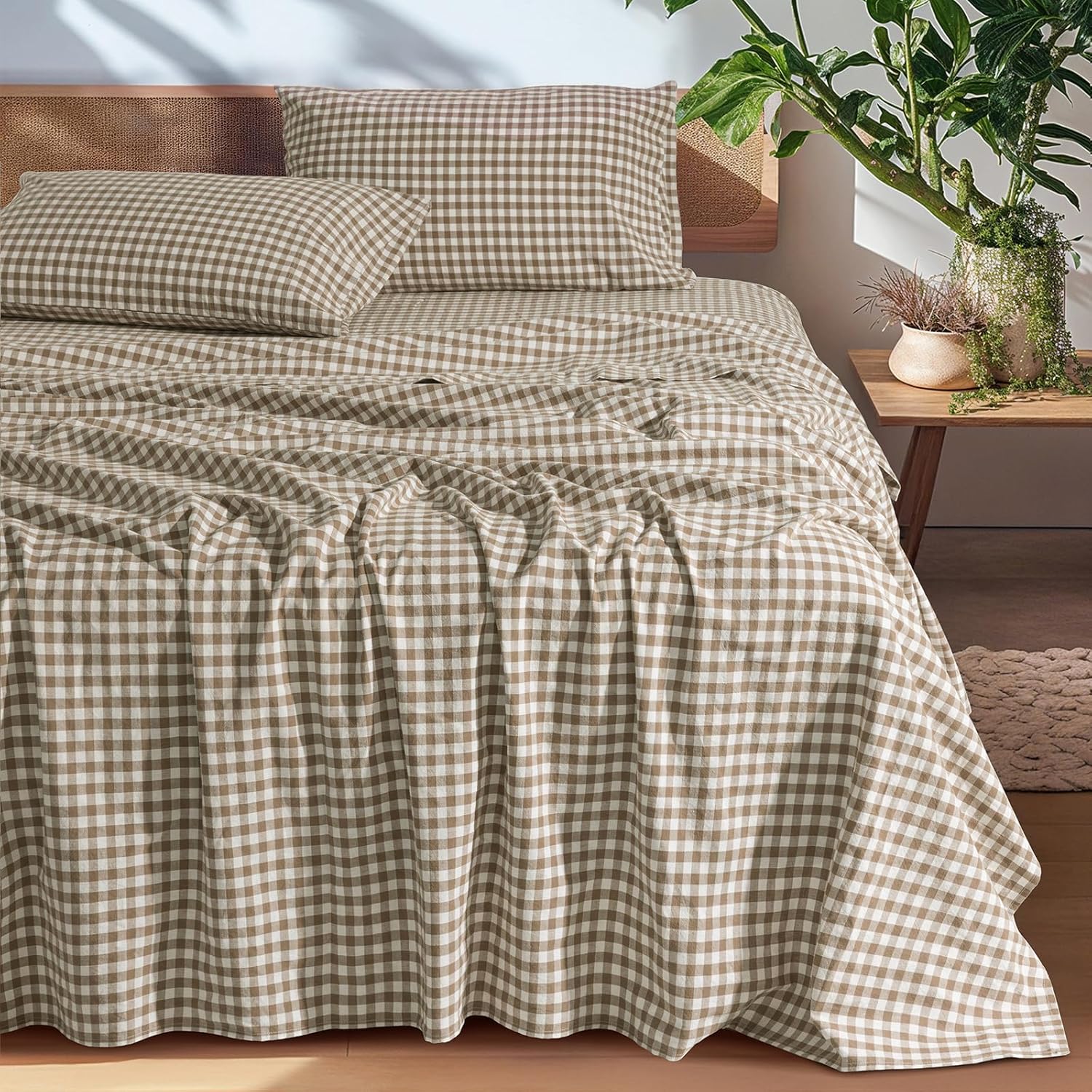 SONORO KATE 100% French Pure Linen Sheets, Breathable and Durable Linen King Size Sheets, Anti-Tear Linen Bed Sheets, Machine Washable, 16 Inch Deep Pocket - 4 Piece (Brown & White Plaid)