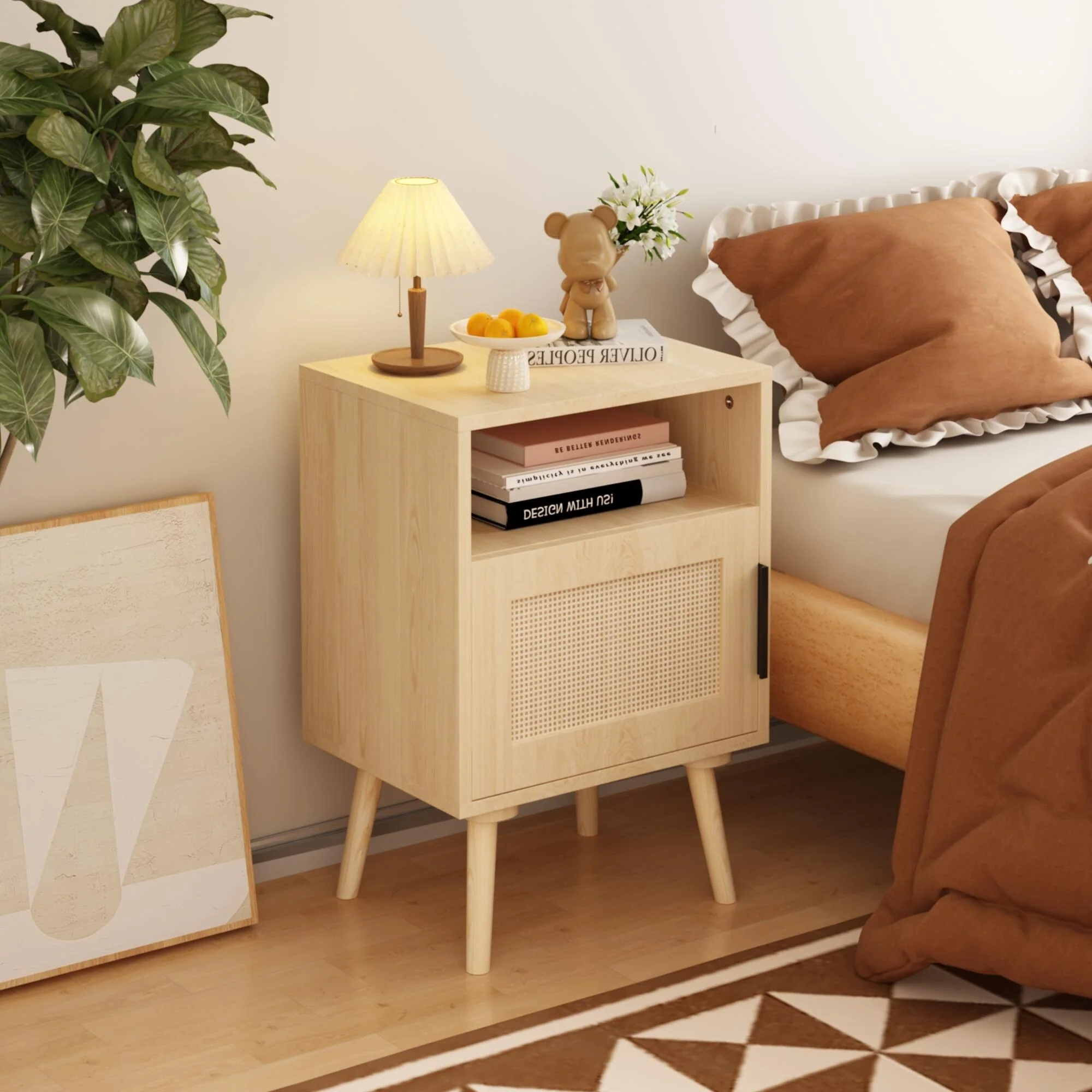 Modern Rattan Nightstand with Beech Wood Legs, Cane Drawer, and Open Shelf - Versatile Bedside Table for Bedroom or Living Room