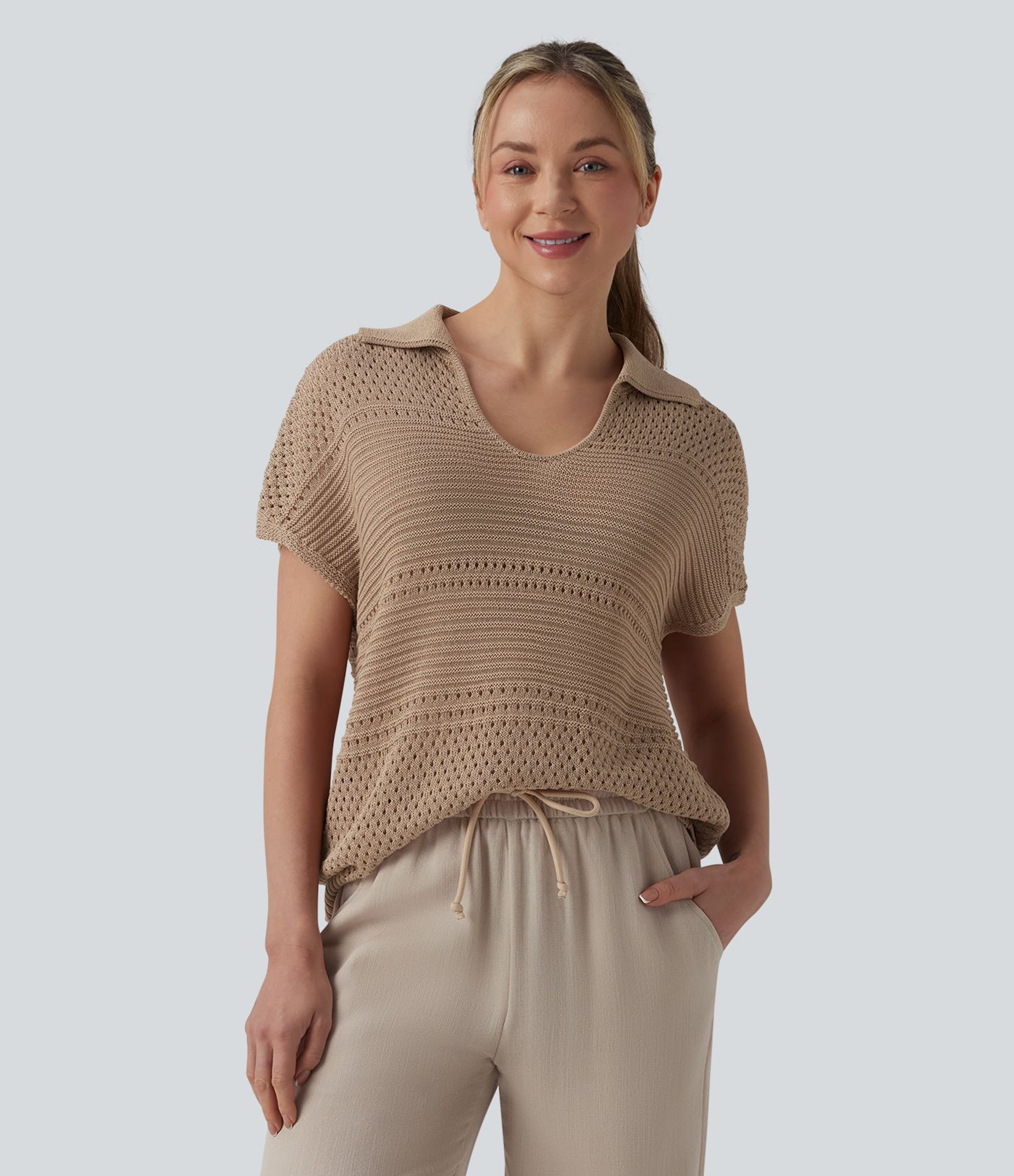 Pull resort col V manches chauve-souris courtes crochet