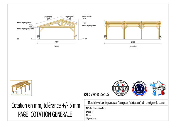 Carport 2 pentes faitage décalé 650cmx1050cm, bois DOUGLAS Français(Charpente en bois-auvent-abri voiture)68 m².Garantie 10 ans