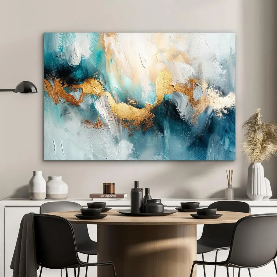 MuchoWow Aluminium Schilderij 120x80cm Abstract Kunst Gold Blauw