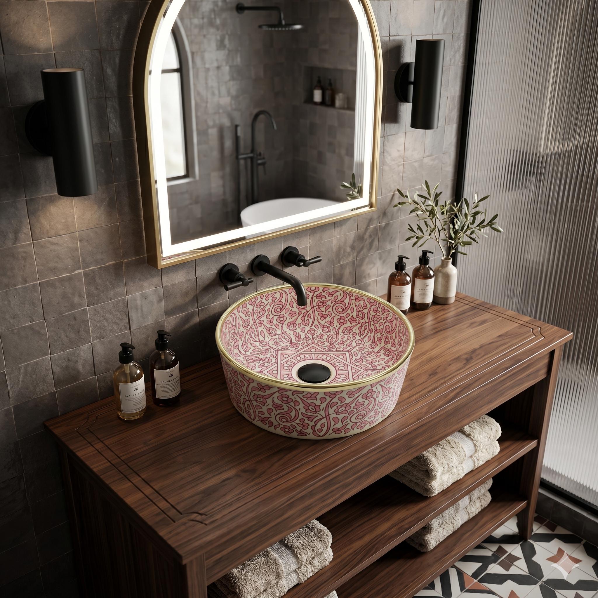 Pink Round Vessel Sink with Brass Rim, Moroccan Ceramic Bathroom Basin
