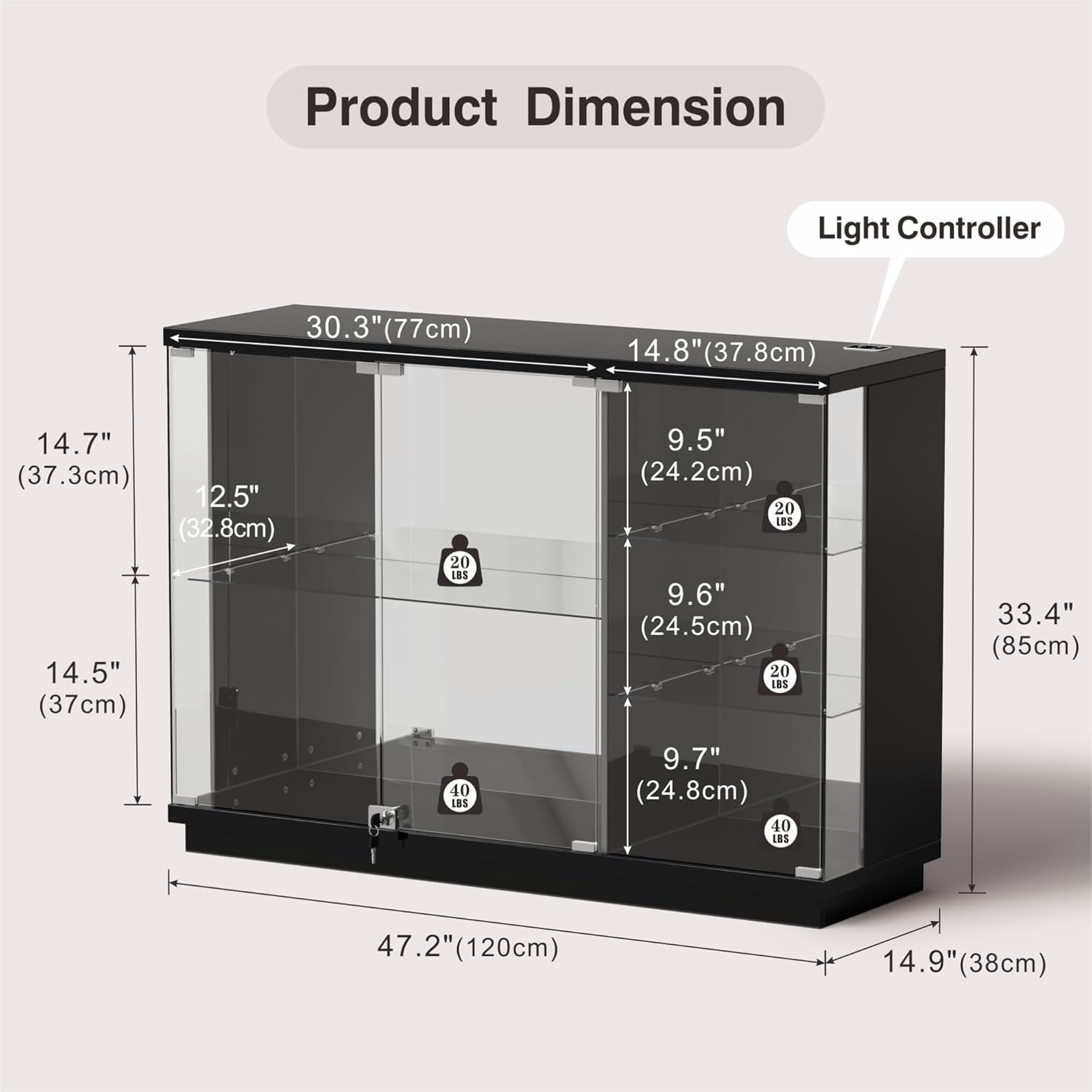 Lvifur Glass Display Cabinet with Lock & LED Light, High Gloss Sideboard with Human Body Sensor & Glass Shelves for Toys, Books, Collectibles, Liquor, Bookcase for Living Room, Kitchen, Study, Black