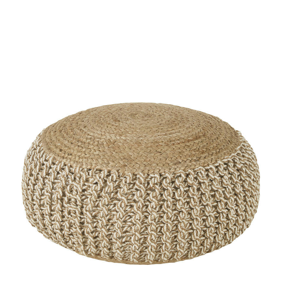 MATTIS - Pouf rond en jute et coton marron et écru tressés