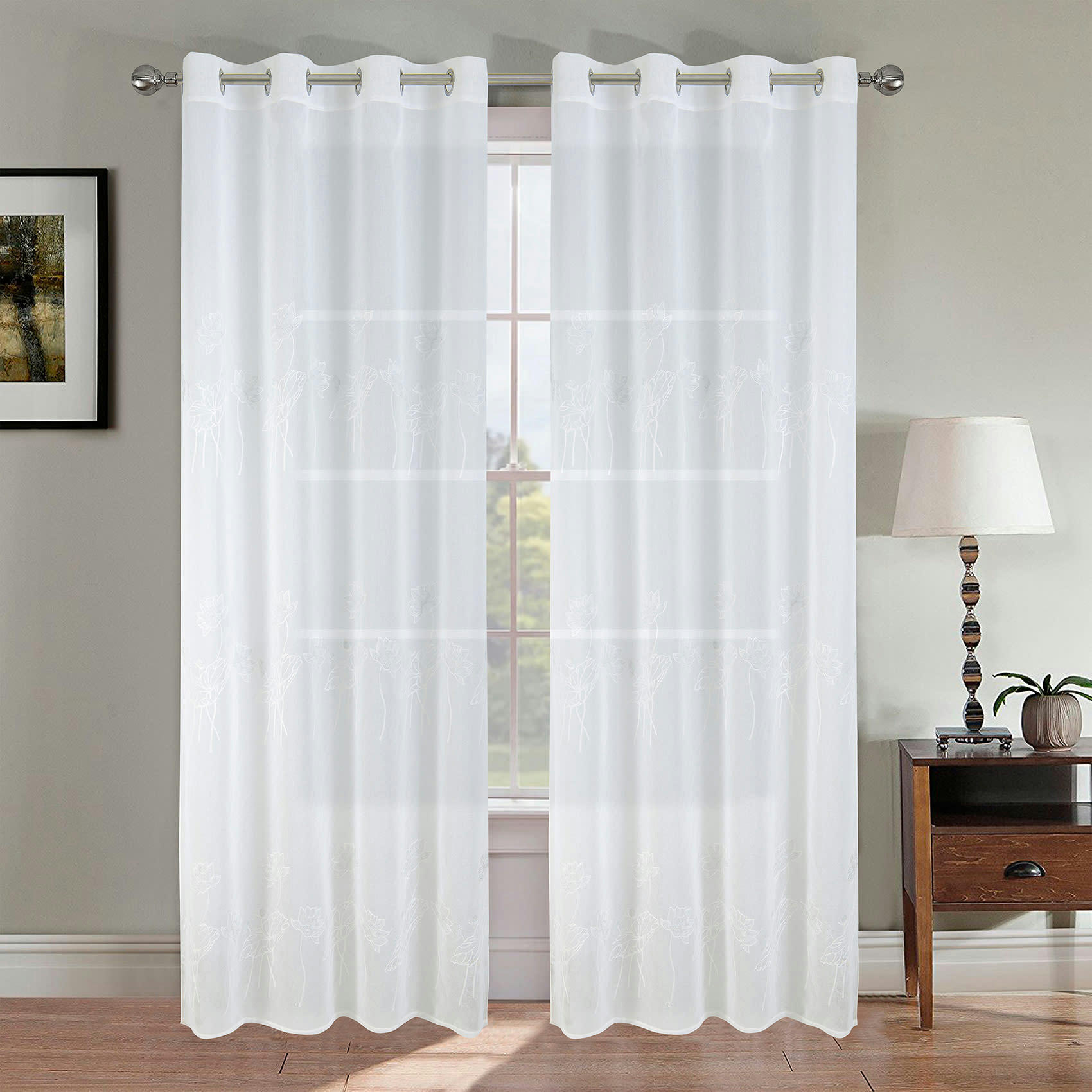 - Paire de voilage fleurie et plombée polyester ecru 140x260 cm