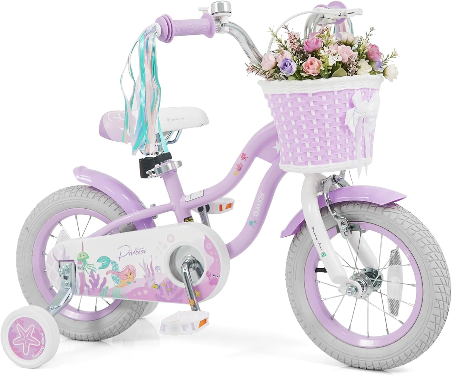 Olakids Kids Bike, 12 14 16 18 20 Inch Mermaid Theme Girls Bicycle with Training Wheels Basket Adjustable Seat and Handlebar Dual Brake