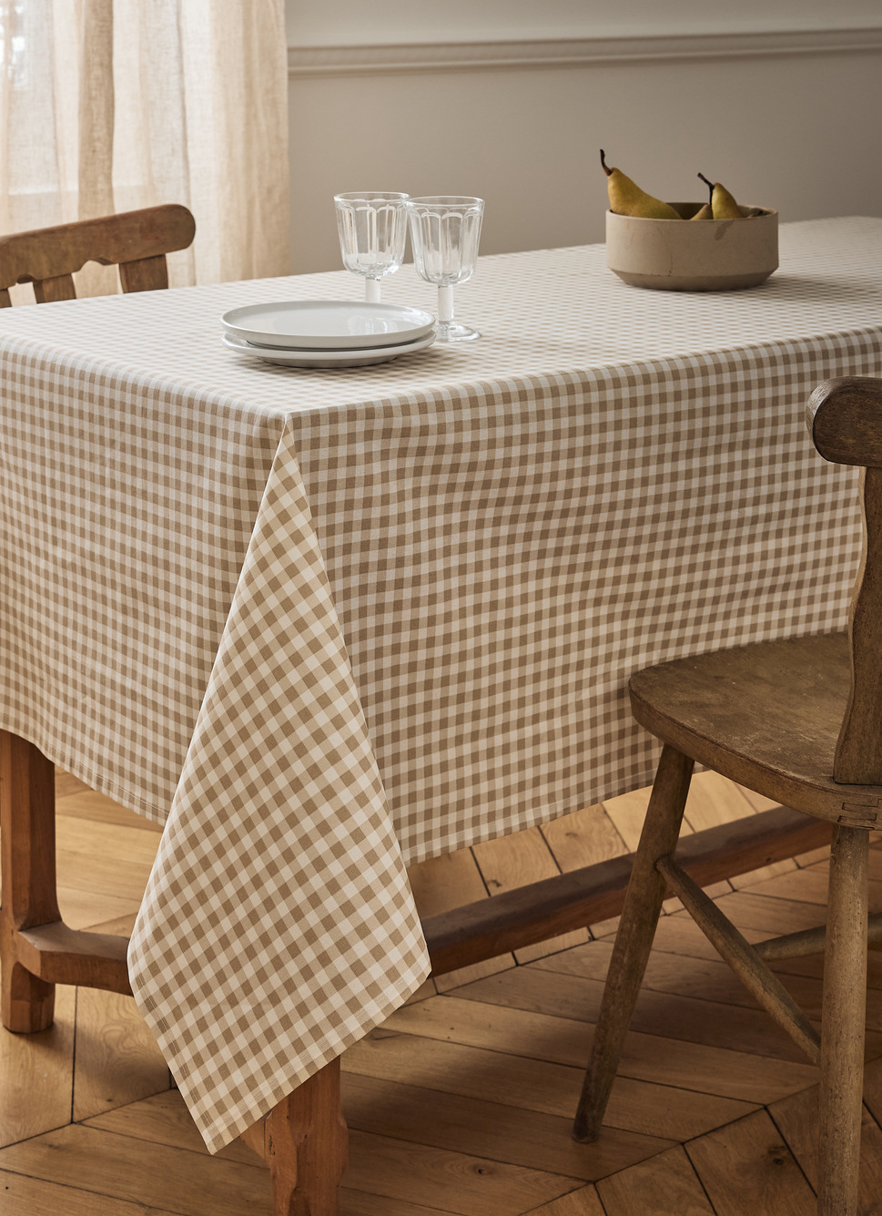 NAPPE EN COTON ENDUITE IMPRIMÉ VICHY BEIGE