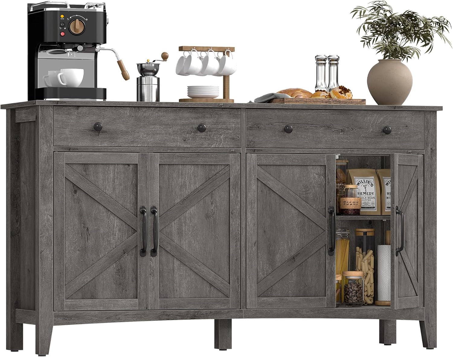 VASAGLE LIRY Collection - Buffet Cabinet, Coffee Bar Cabinet with 2 Drawers, Adjustable Shelves, Sideboard Storage with Cable Holes, Drawer Dividers, Misty Gray UBBK381GW01S