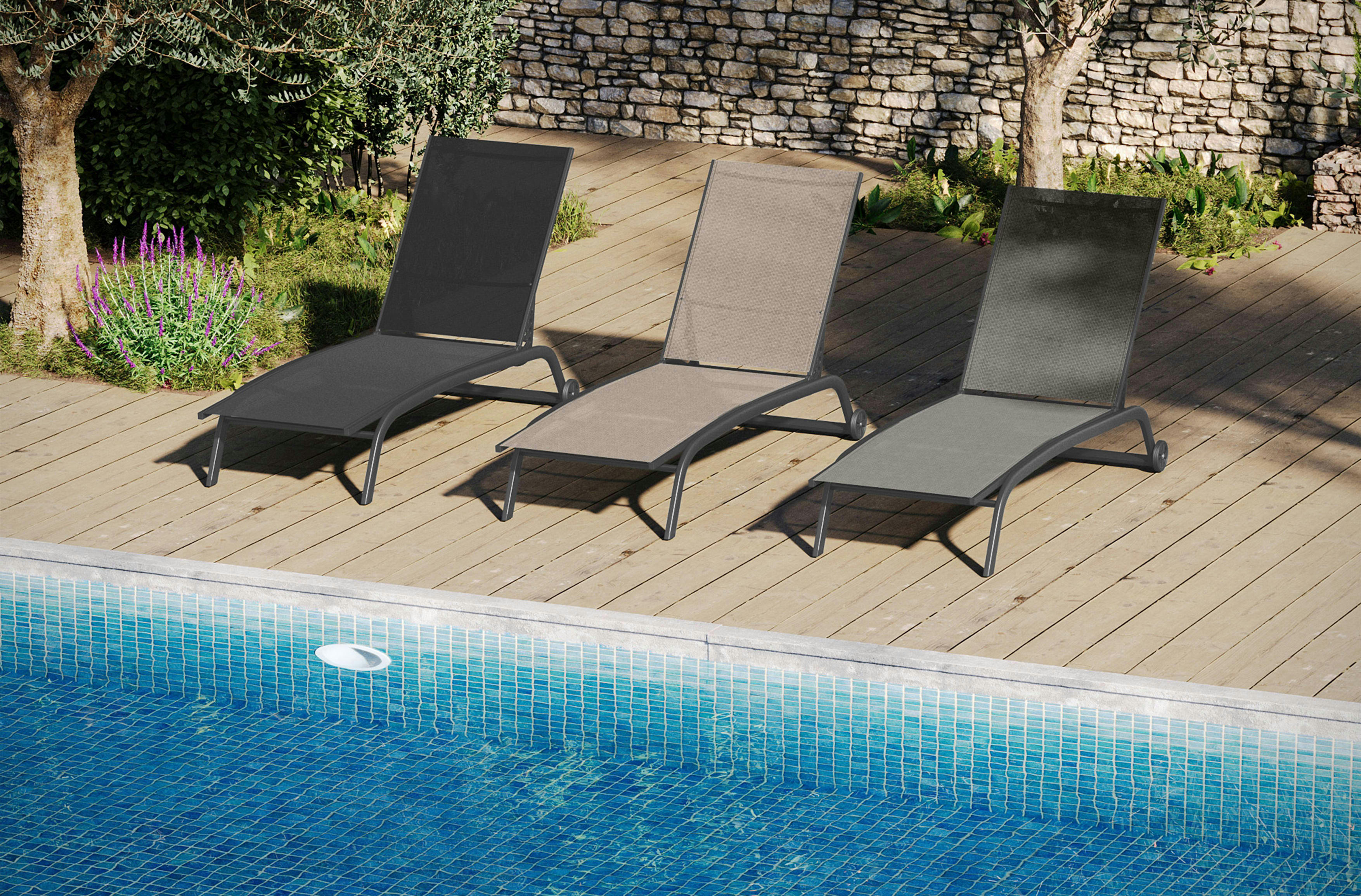 SEYCHELLES - Lot de 2 transats à roulettes aluminium et texaline taupe