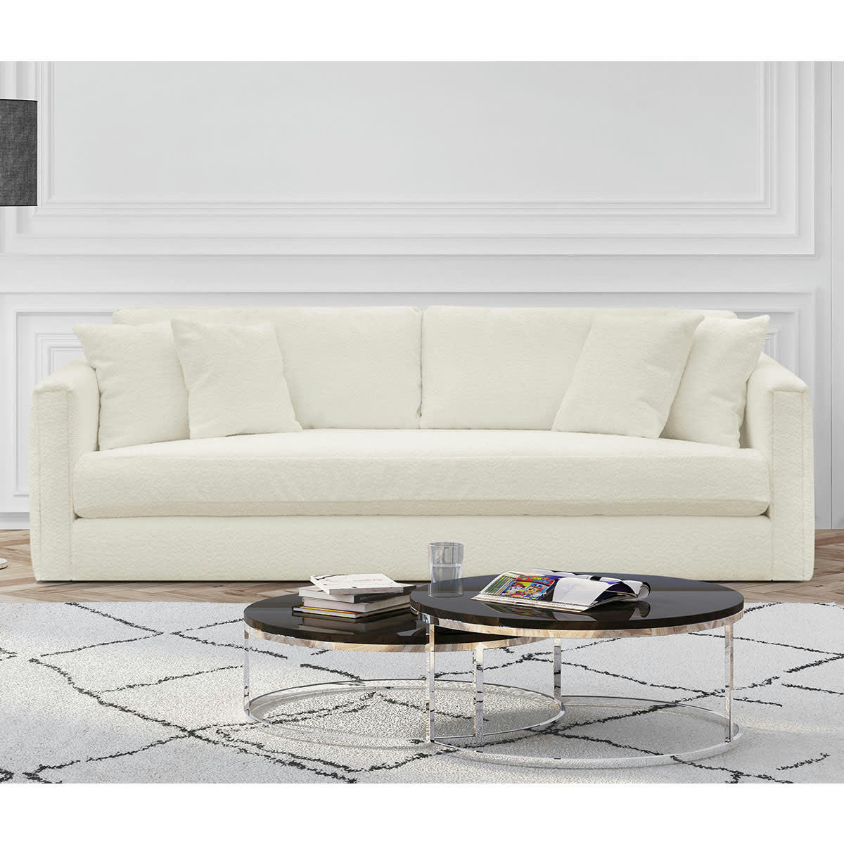 DENVER - Canapé 4 places avec 4 coussins déco en tissu bouclette écru