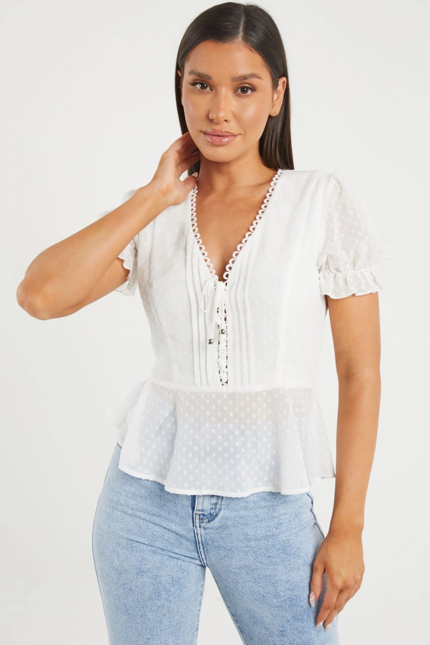 Quiz Cream Cream Crochet Peplum Top
