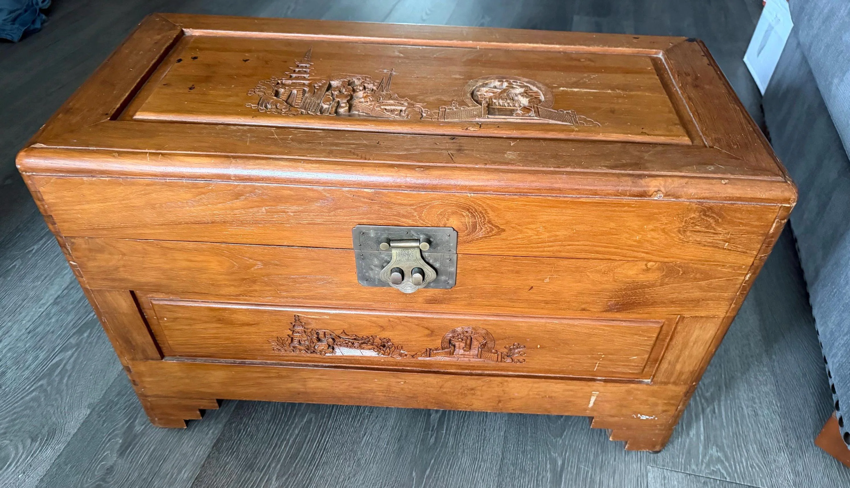 Vintage Chinese Hand Carved Teak Dowry Chest – Camphor Lined Trunk or Coffee Table