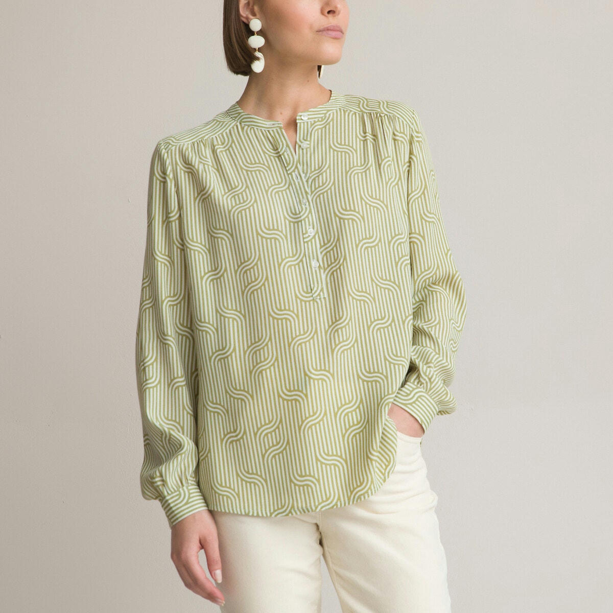 Blouse col rond imprimé graphique, manches longues