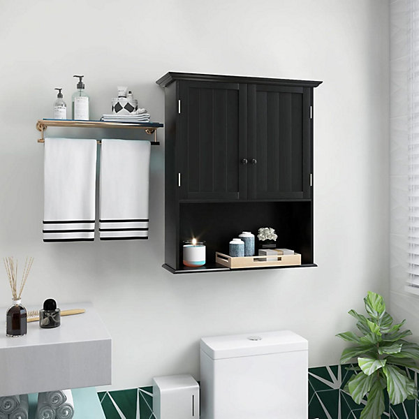 Armoire Murale de Salle de Bain avec Panneau Mobile Intégré, pour Rangement avec 2 Portes, 60 x 20 x 70,5CM, Max 20 KG (Noir)