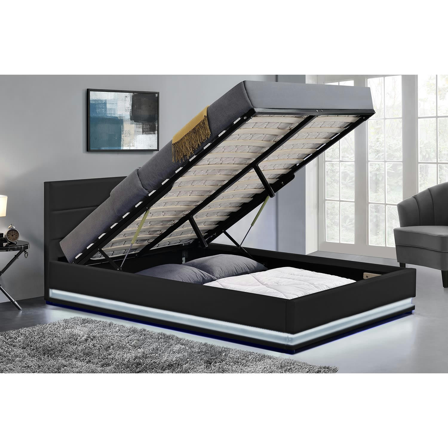 NEW YORK - Structure de lit LED avec rangements 160 x 200 cm noir