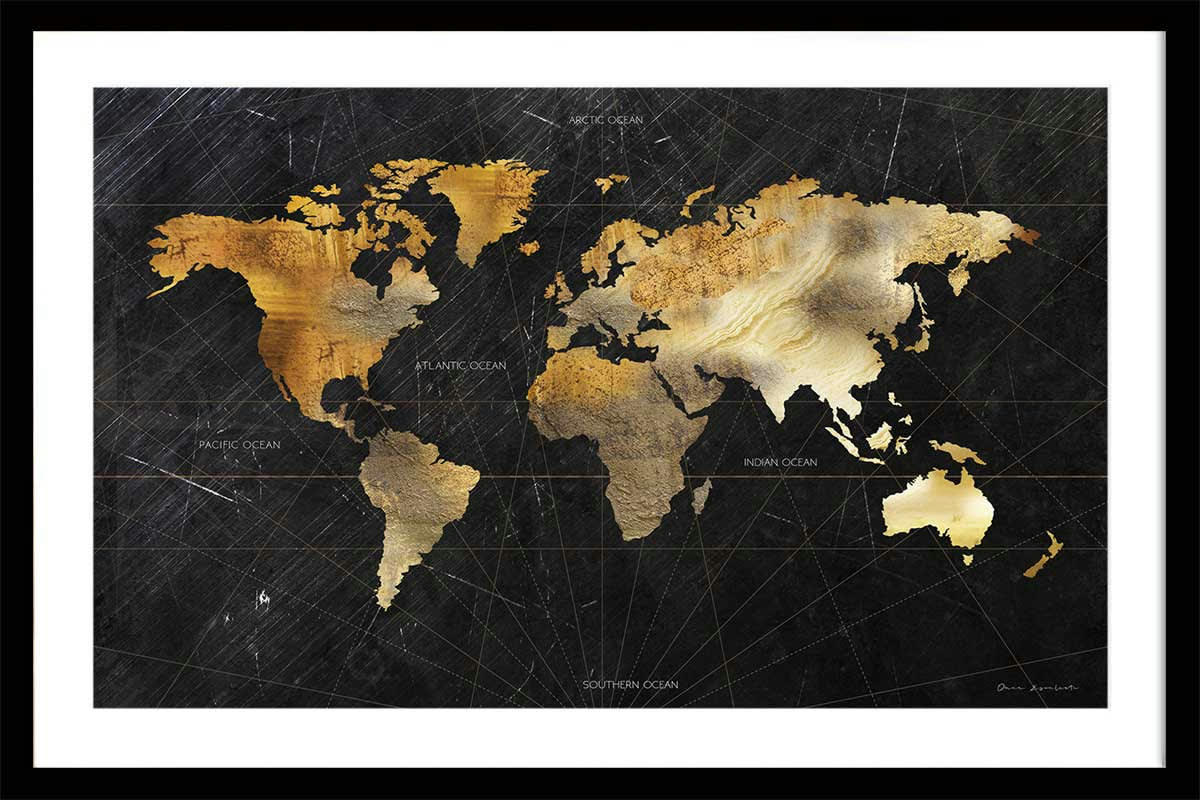 - Affiche carte du monde dorée avec cadre noir 90x60cm