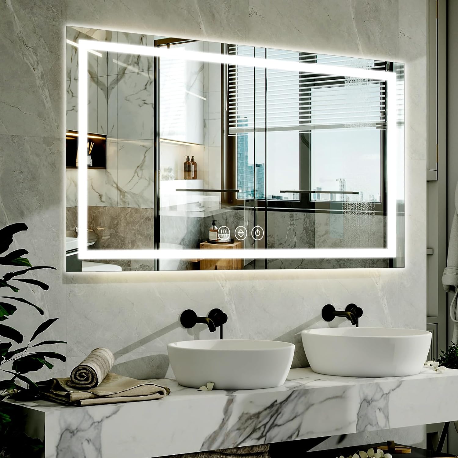 40x 60LED Bathroom Mirror, Backlit + Front Lit, LED Bathroom Mirror with Lights for Wall, 3 Colors, Anti-Fog, Dimmable Brightness, Tempered Glass