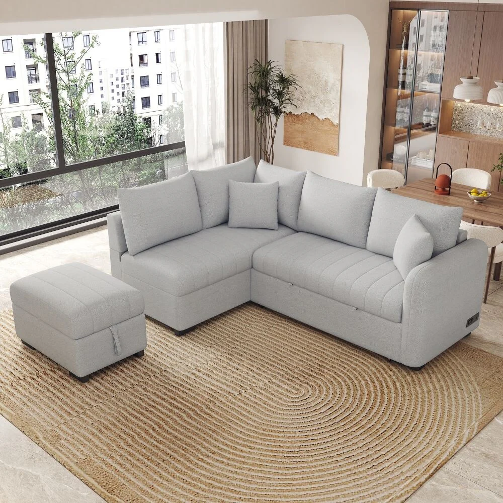 82.6 L-Shaped Sectional Pull Out Sofa Bed Sleeper Sofa with Two USB Ports, Two Power Sockets and A Movable Storage Ottoman
