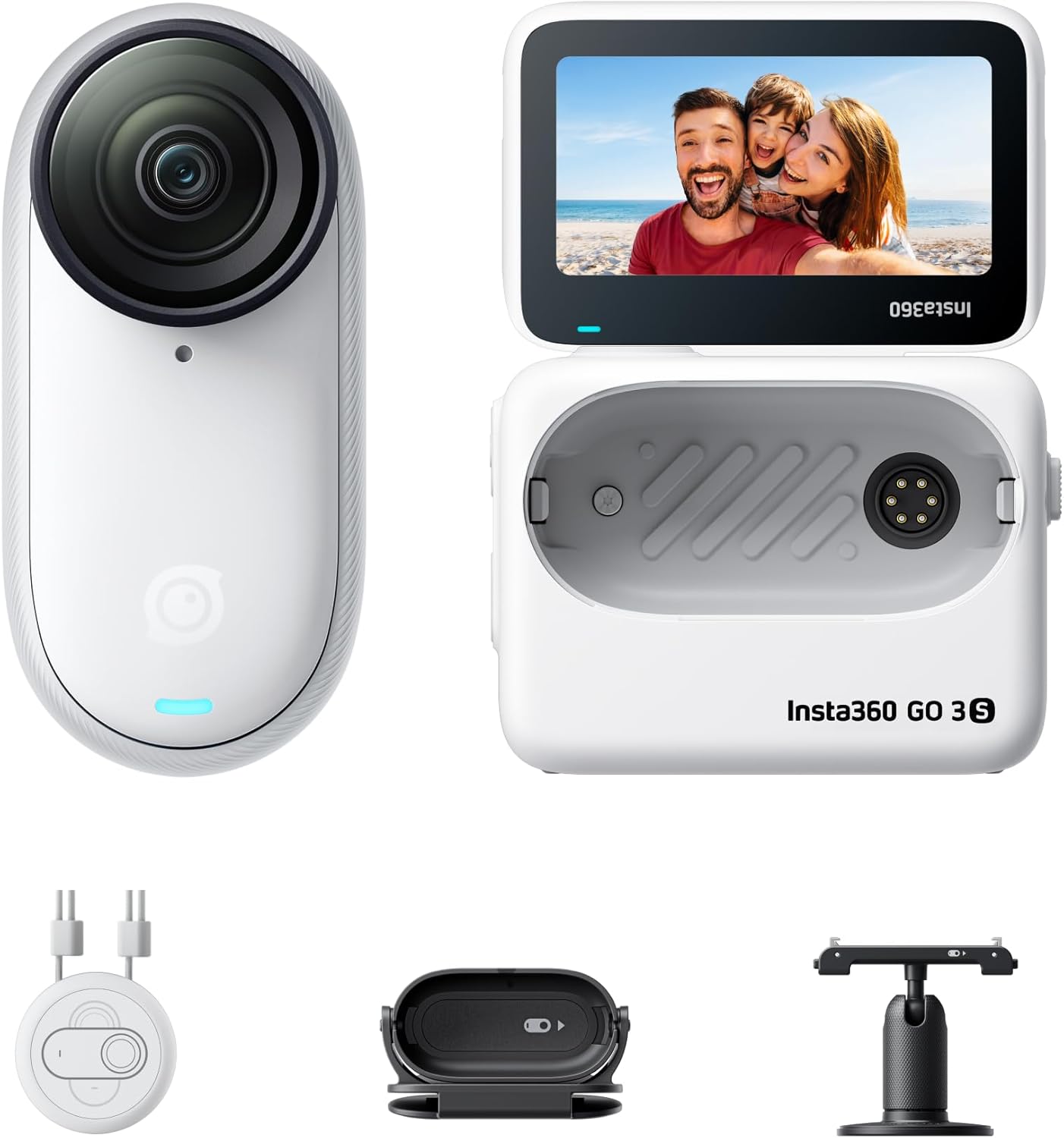 Insta360 GO 3S - 128 GB White 4K Tiny Portable Vlogging Camera  Hands-Free POVs  Mount Anywhere  Stabilization  140 Min Battery Life  10m Waterproof  Apple Find My  Pet POV