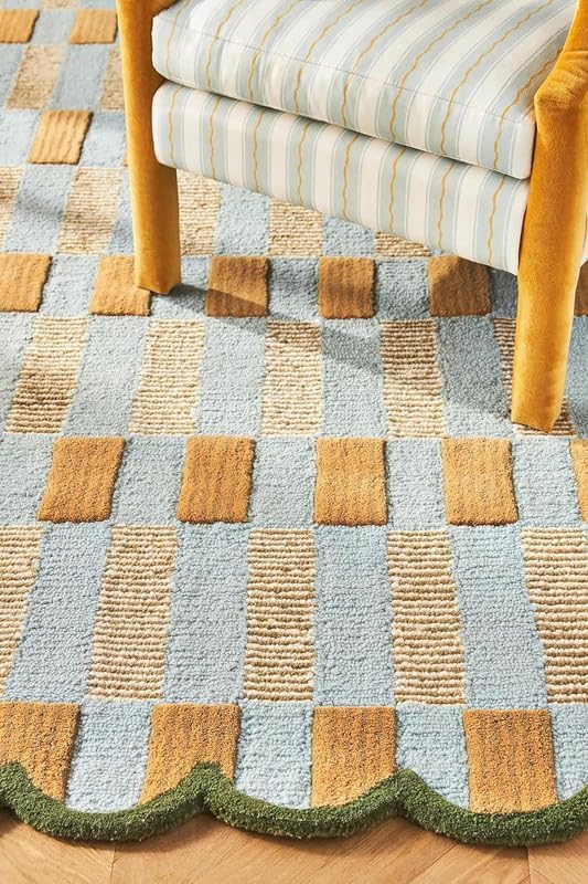 Hand-Tufted Wool Area Rug with Scalloped Edges, Plaid Pattern, Cozy Soft Accent Rug for Living Room, Bedroom, and Nursery, Handmade Decorative Carpet (5x8 Feet)