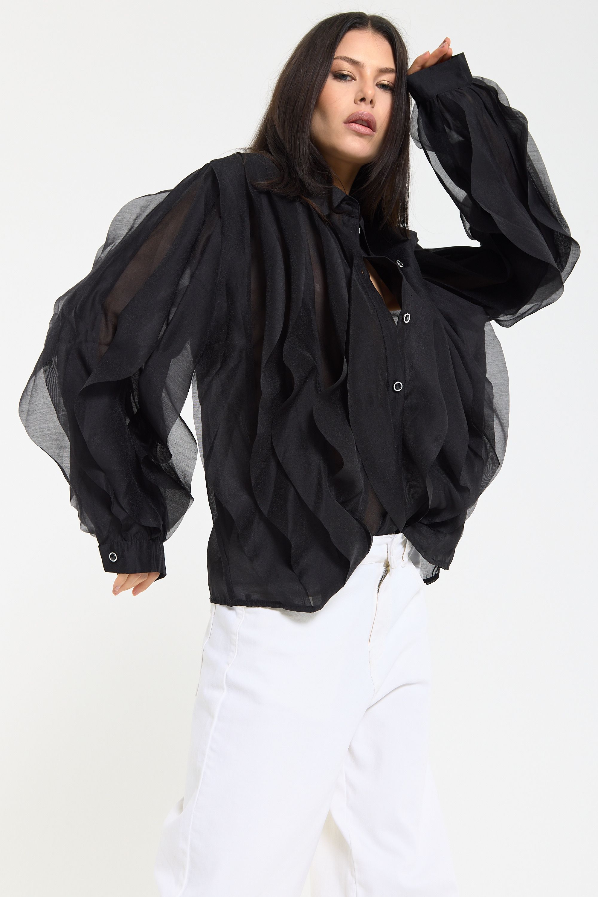 House of Holland Black Ruffle Sheer Shirt