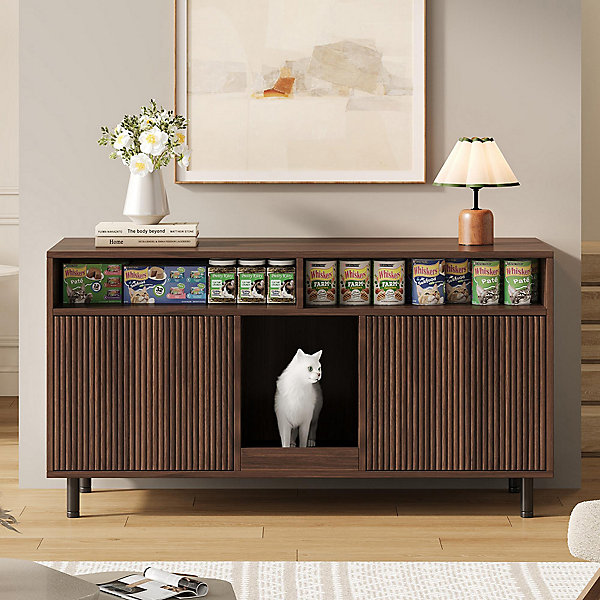 Armoire litière chat 120x50x66cm - noyer, étagère   tapis récupérateur