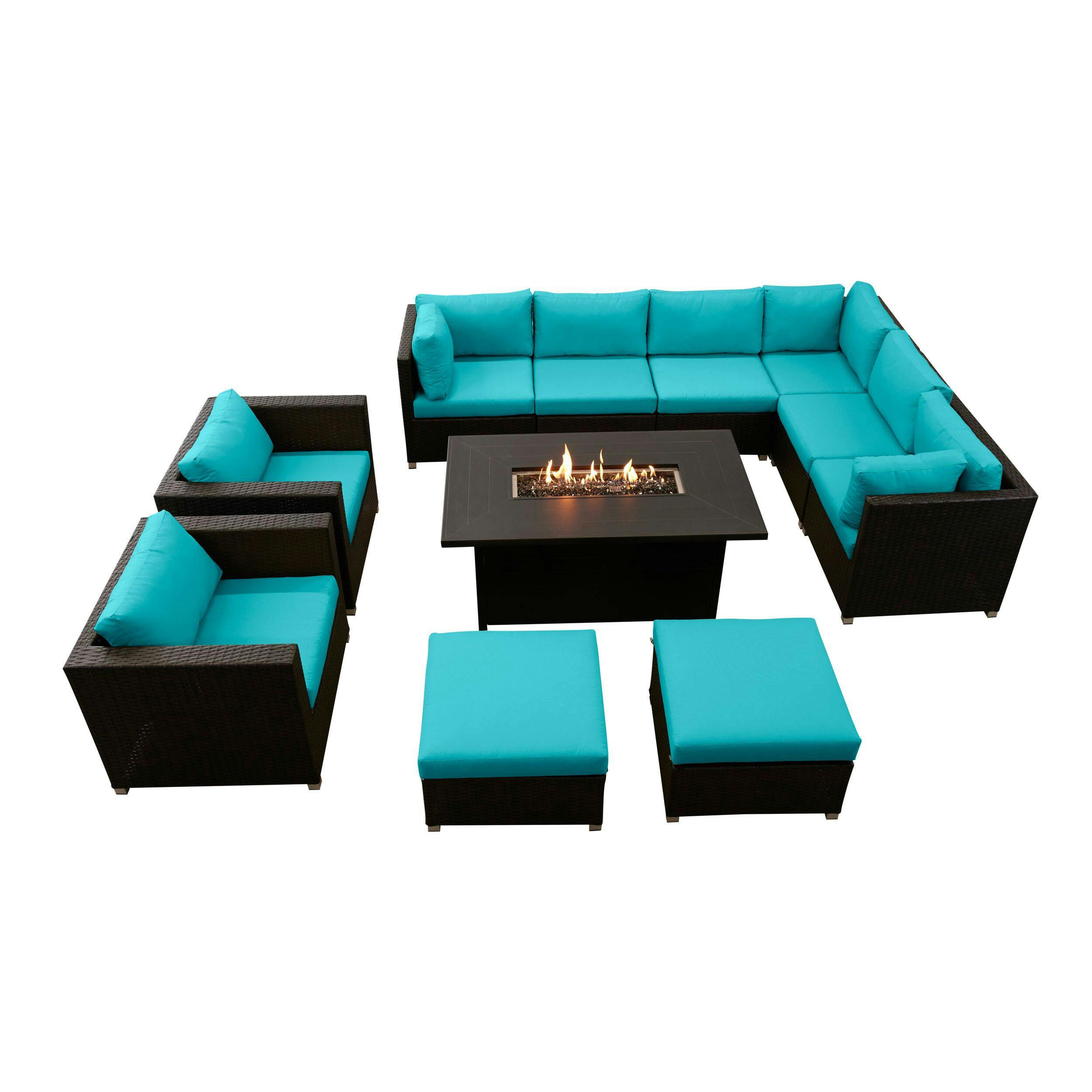TCG Innesbrook Aluminum Frame Outdoor Conversation Set with Fire Table & Tan Cushions, Multiple Colours, 11-pc