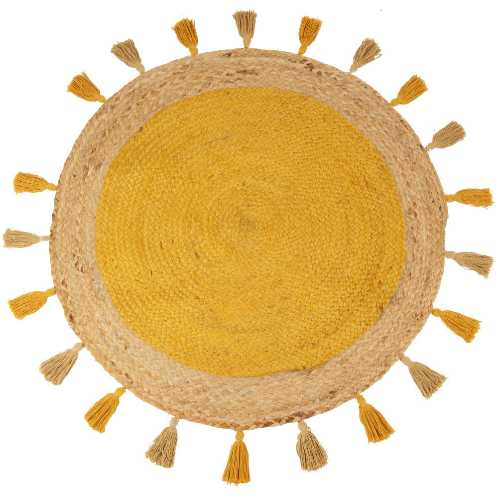 ADRIAN - Tapis rond en jute et coton à pompons jaunes D90