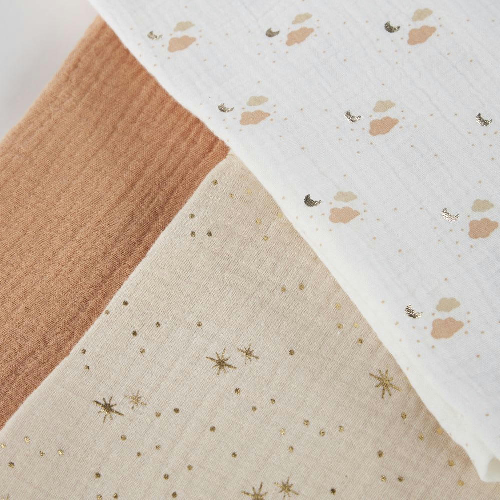 OIA - Langes bébé en gaze de coton biologique blanc imprimé, beige rosé et terracotta (x3)