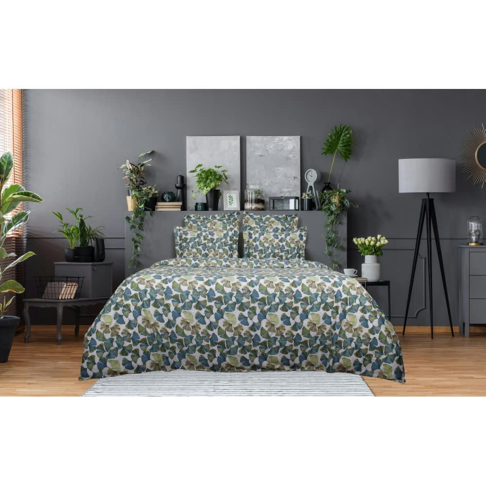 GINKGO SATIN - Drap housse satin de coton 140x190 cm imprimé Ginkgo