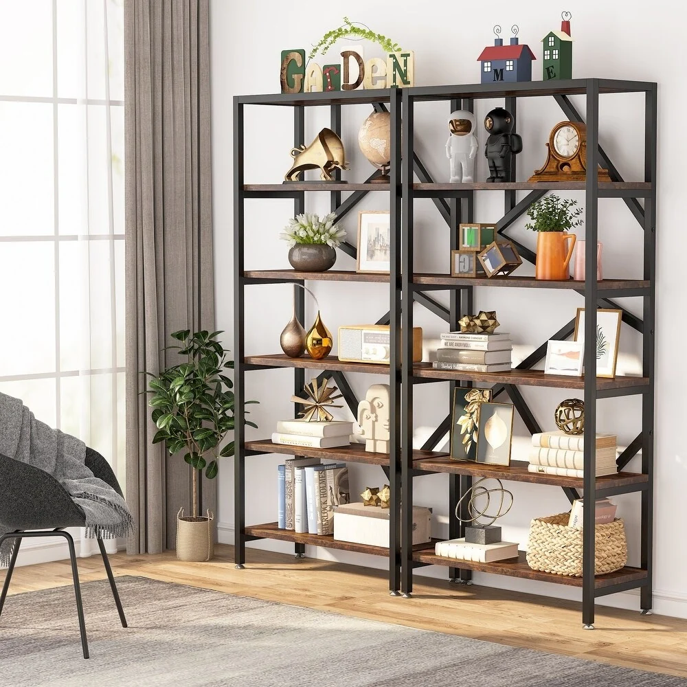 71 Industrial Bookshelf, 6 Tier Rustic Brown Wood Etagere Bookcase, Open Book Shelves