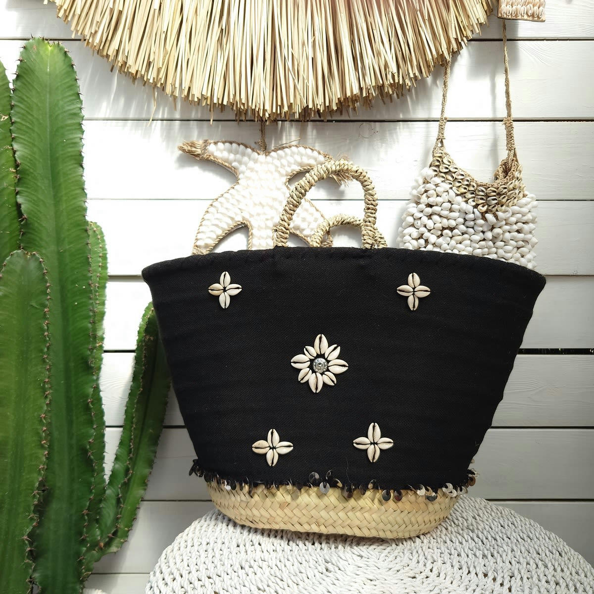 NORA - Sac de plage en palmier et toile, noir