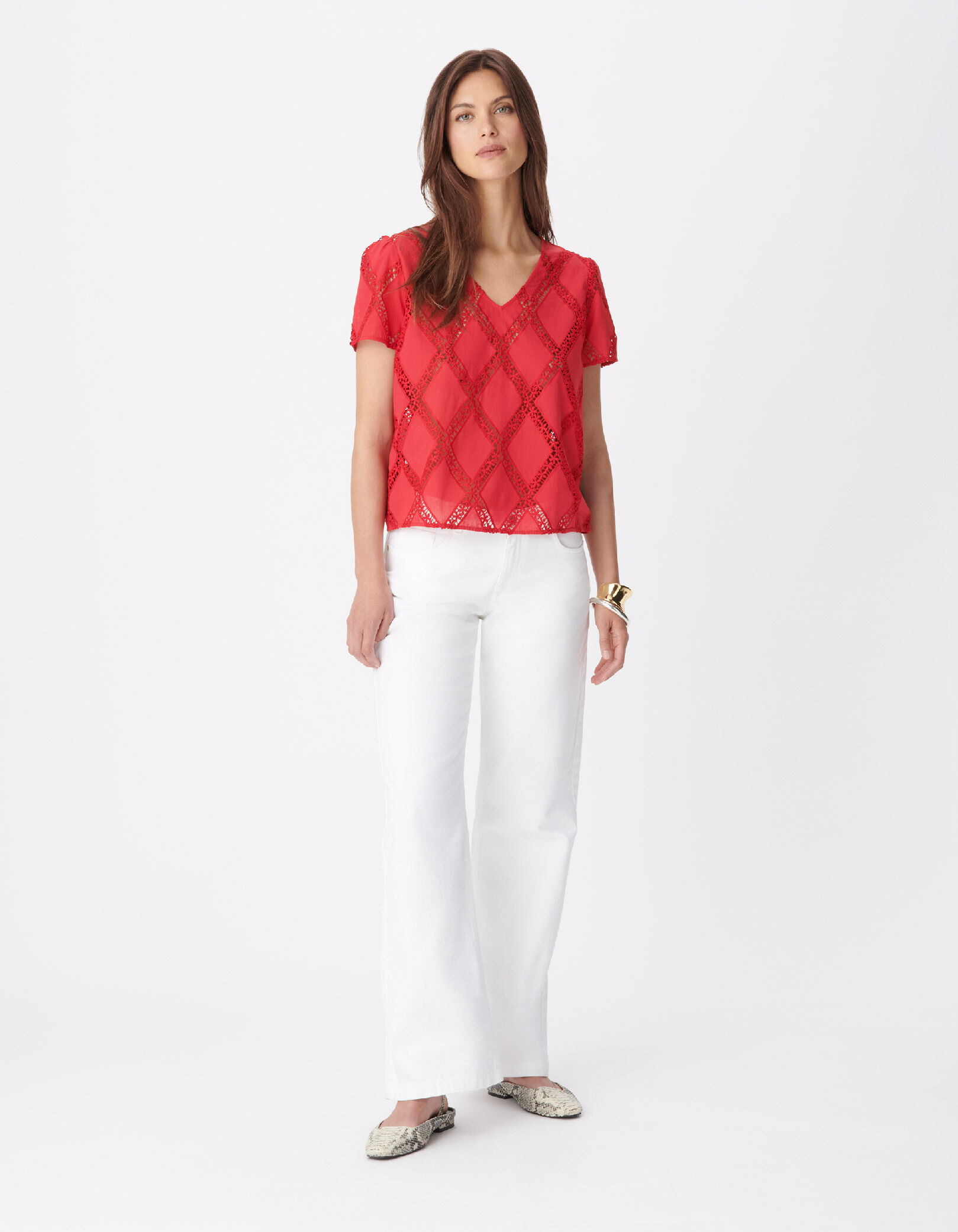 Blouse rouge galons dentelle réversible devant/dos Femme