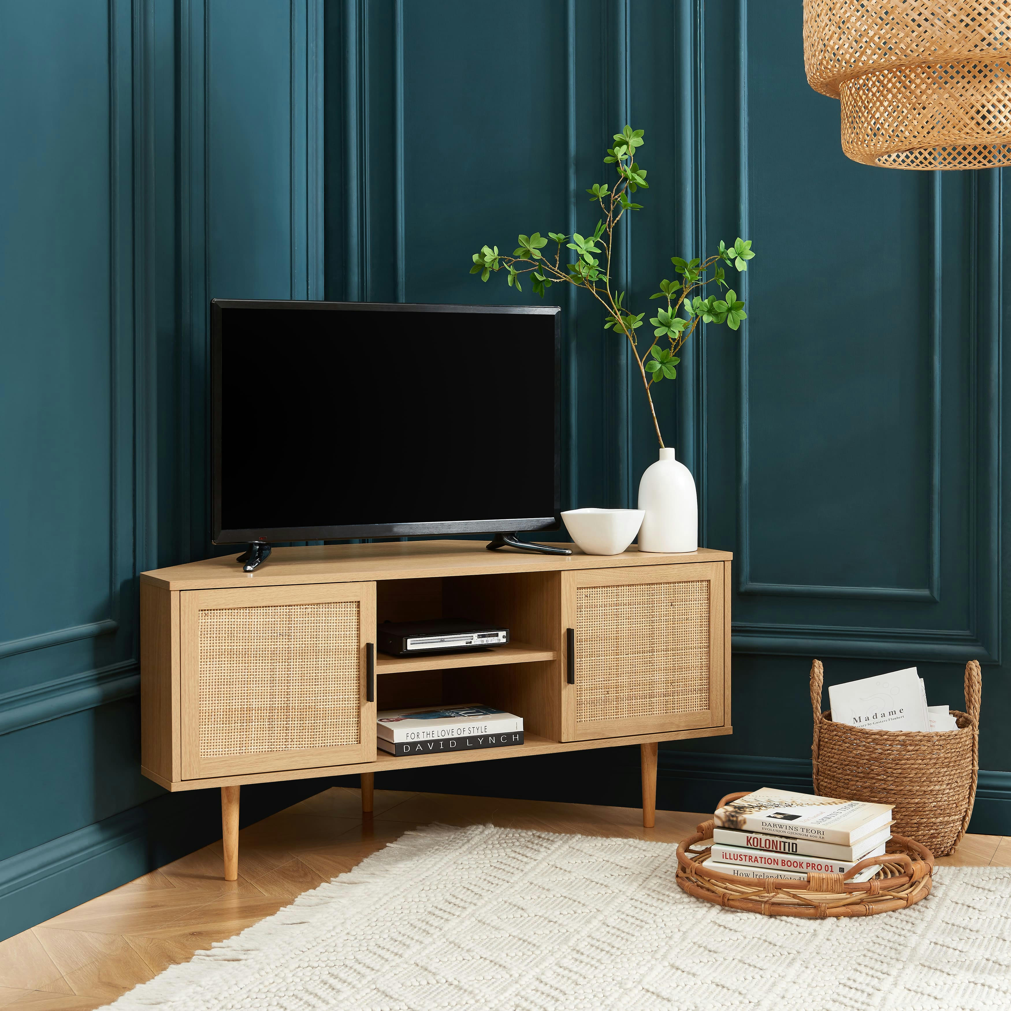 AMANA - Meuble tv d'angle  effet chêne et cannage rotin 2 portes