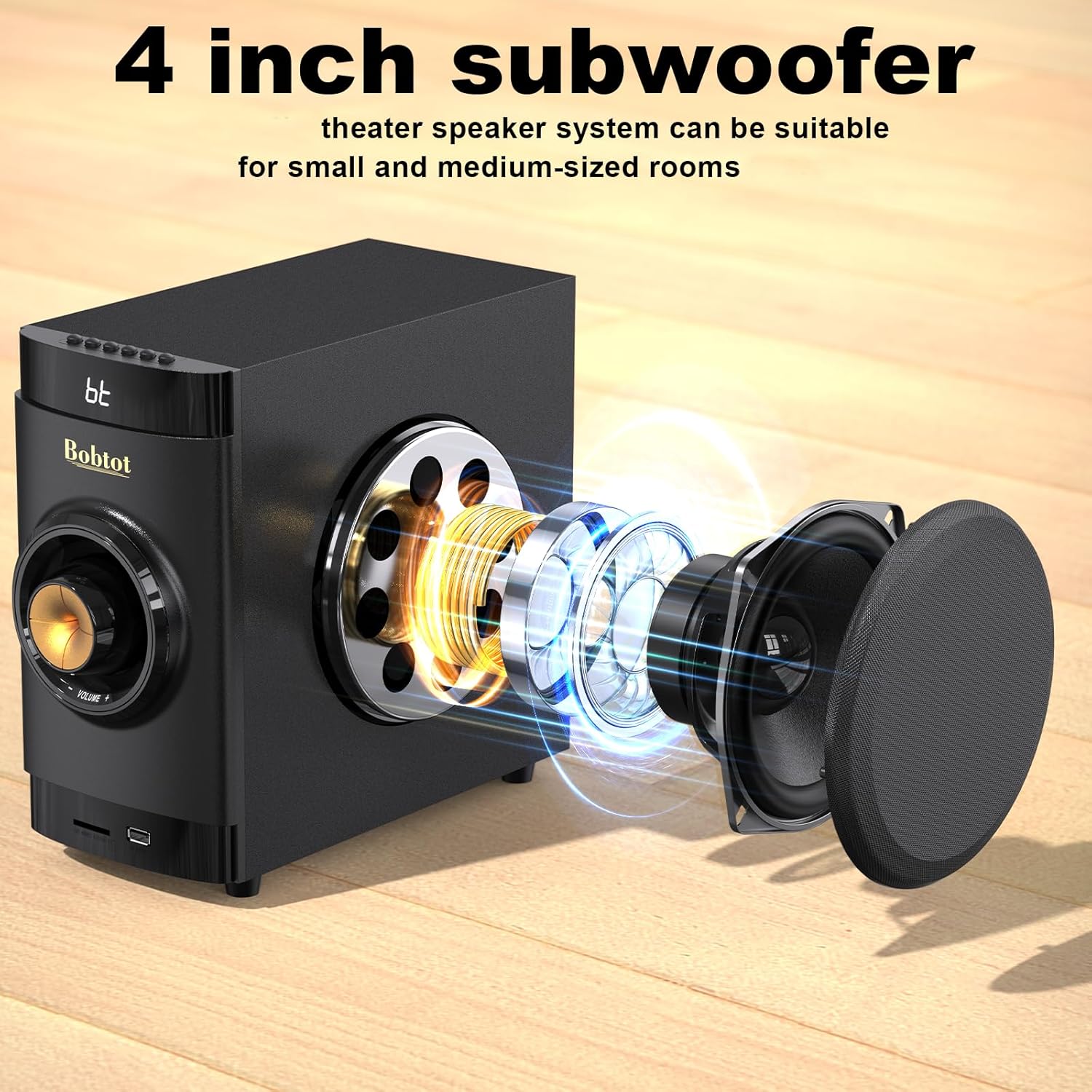 Bobtot Small Subwoofer Home Theater for TV Surround System 5 Wired Speakers Amplifier 4 inch Woofer Built-in Receiver Support ARC Optical Bluetooth Input for Projector