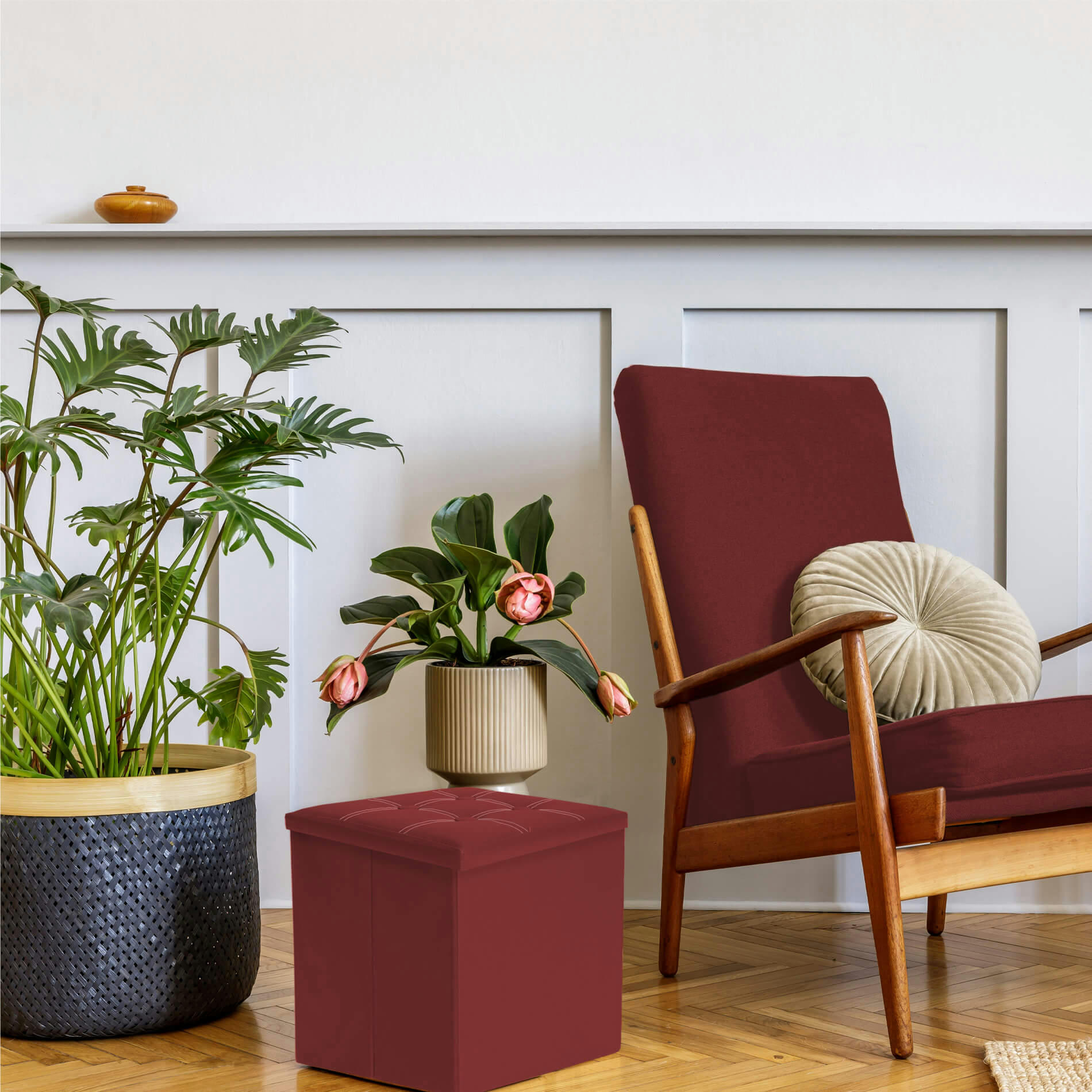 COLORFUL LIFE - Repose-pieds cube 30x30x30 cm en similicuir bordeaux