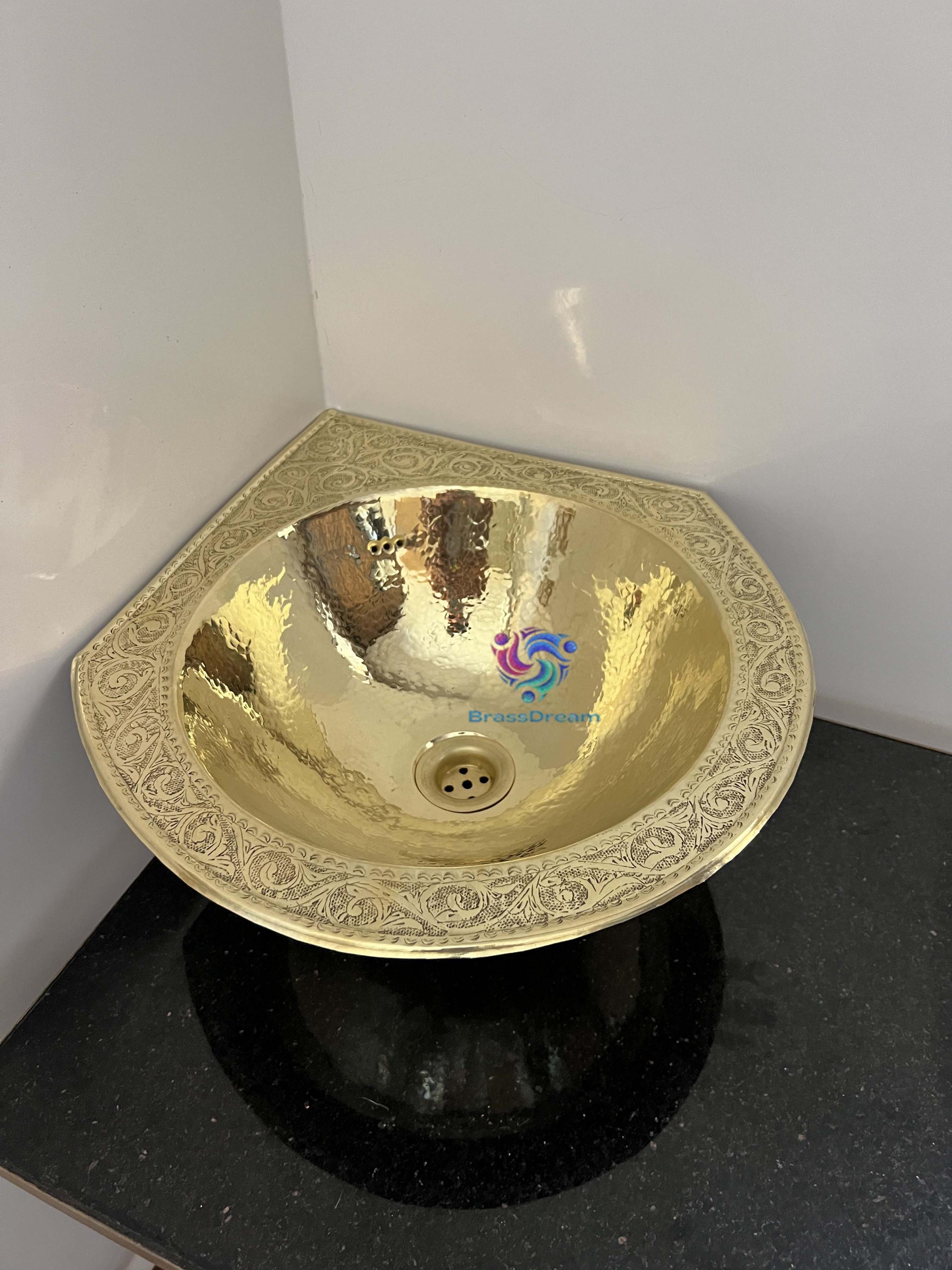 Corner Brass Sink – Engraved Moroccan Brass Bathroom Basin, Gold Finish