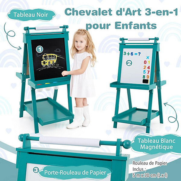 3 en 1 Tableau Enfant Double Face, Hauteur Réglable, avec Tableau Blanc/Noir Magnétique, 3 Gobelets à Peinture, 3 Plateaux (Vert)