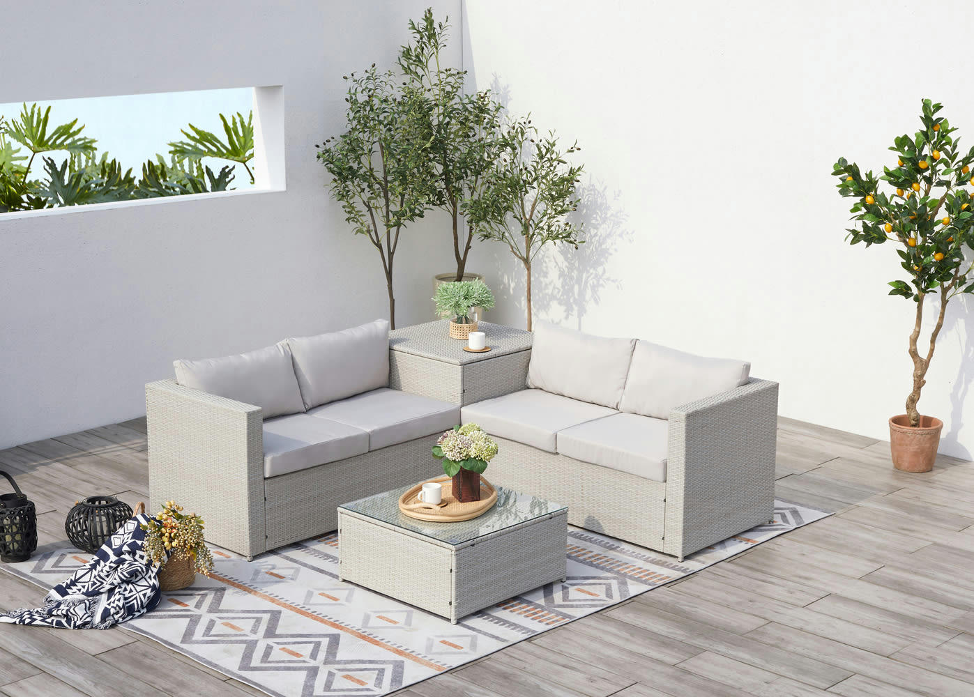 SILANG - Salon de jardin avec coffre 4 places en résine gris clair