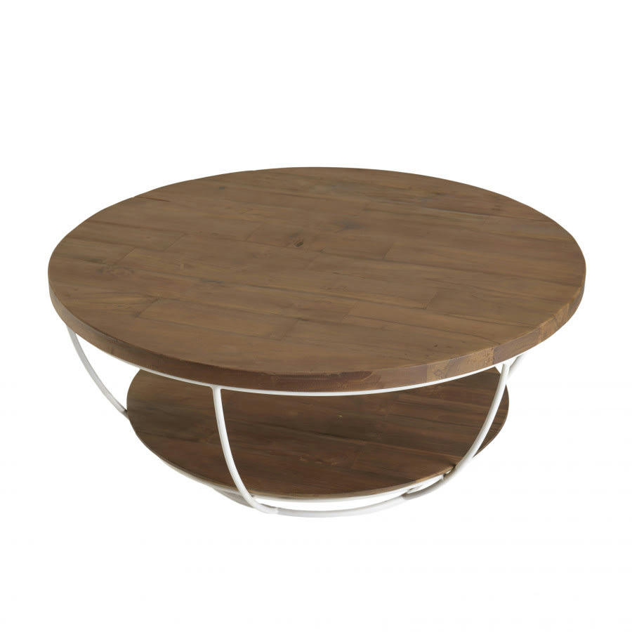 ALIDA - Table basse coque 2 plateaux en teck recyclé métal blanc L80