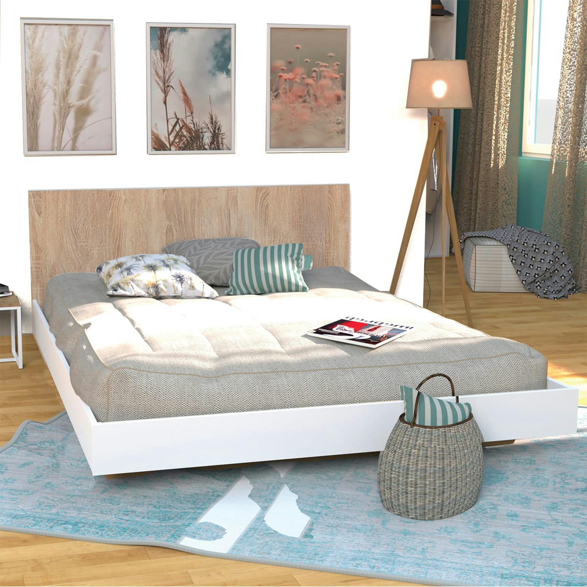 WAINE - Lit en 140 x 190 cm effet bois blanc/chêne