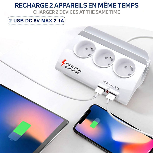 Multiprise FISHTEC de table - 5 prises couleurs - 2 USB