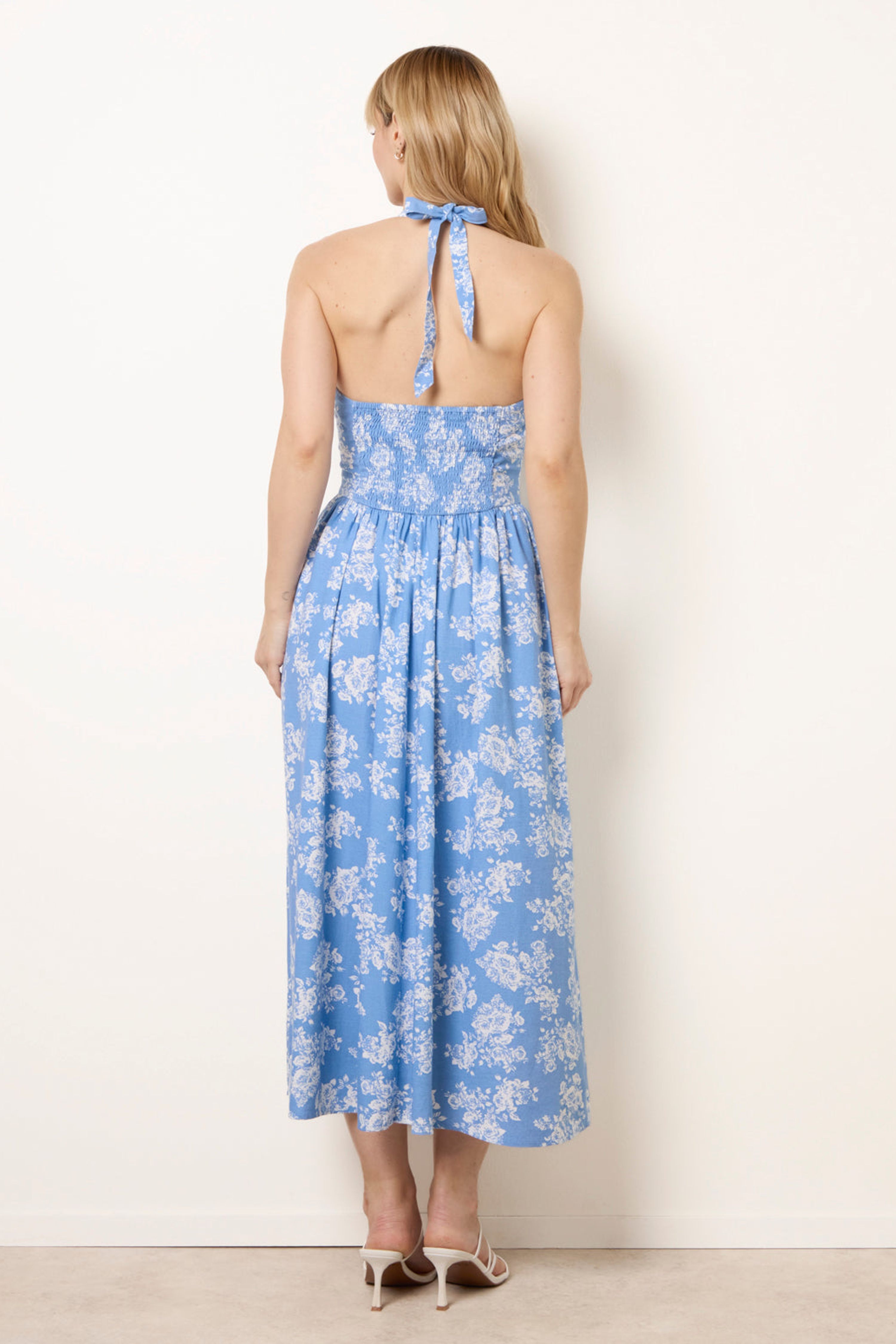 Blue Vanilla Blue Ditsy Floral V Waist Halter Midi Dress