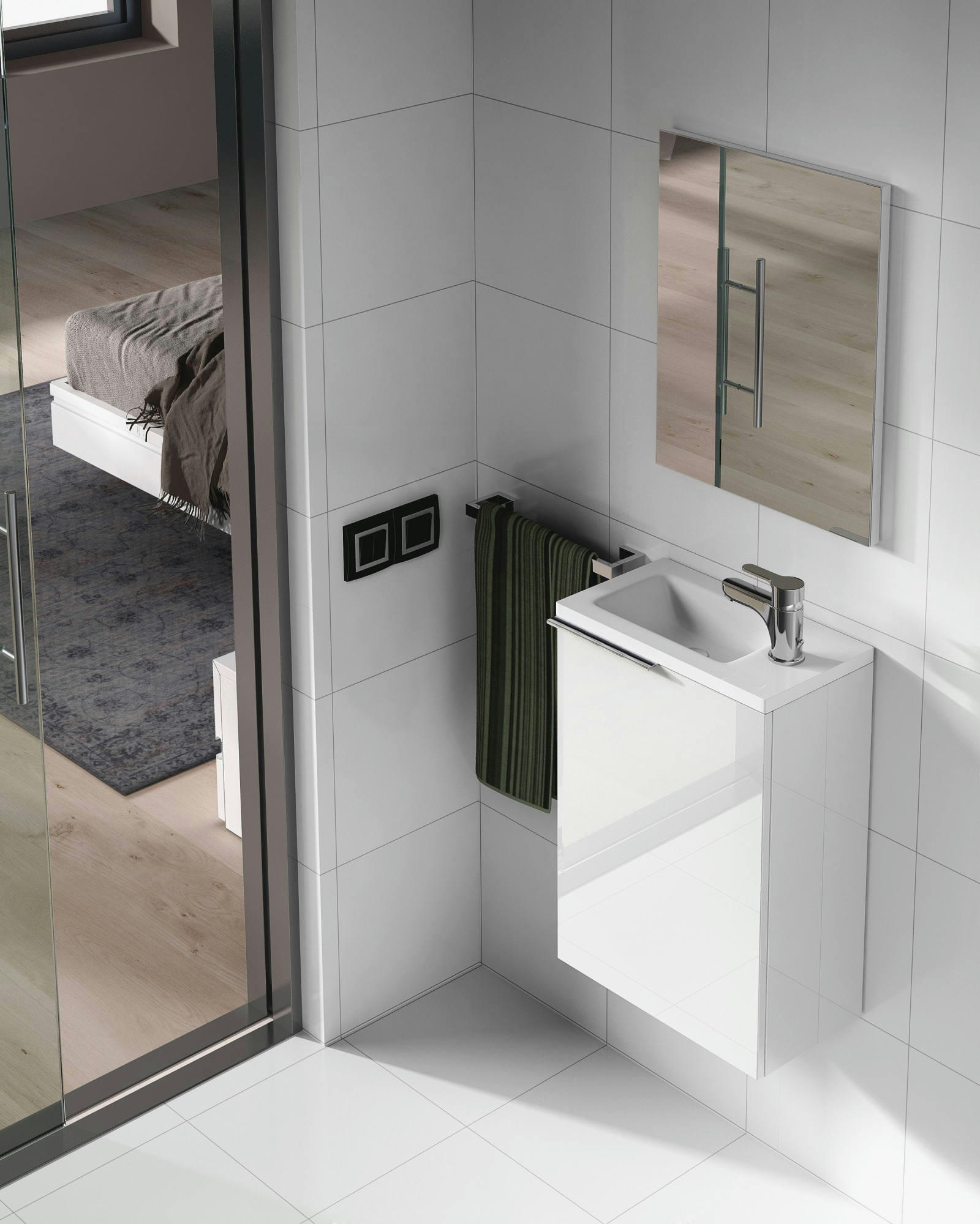 DLOTT - Meuble sous-vasque 1 porte effet bois blanc brillant