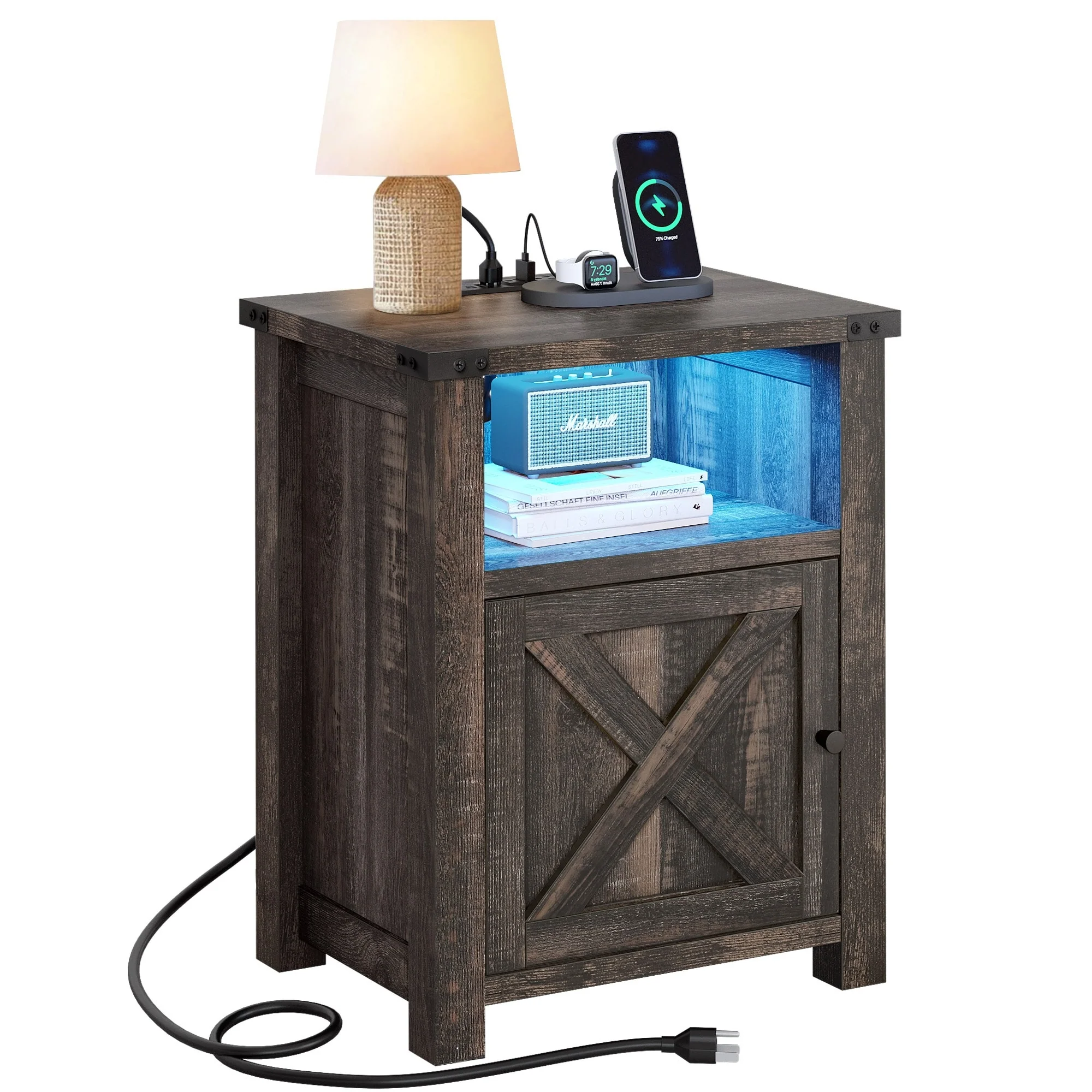 Wood Nightstand with Barn Door Charging Station and LED Lights Dark Rustic Oak