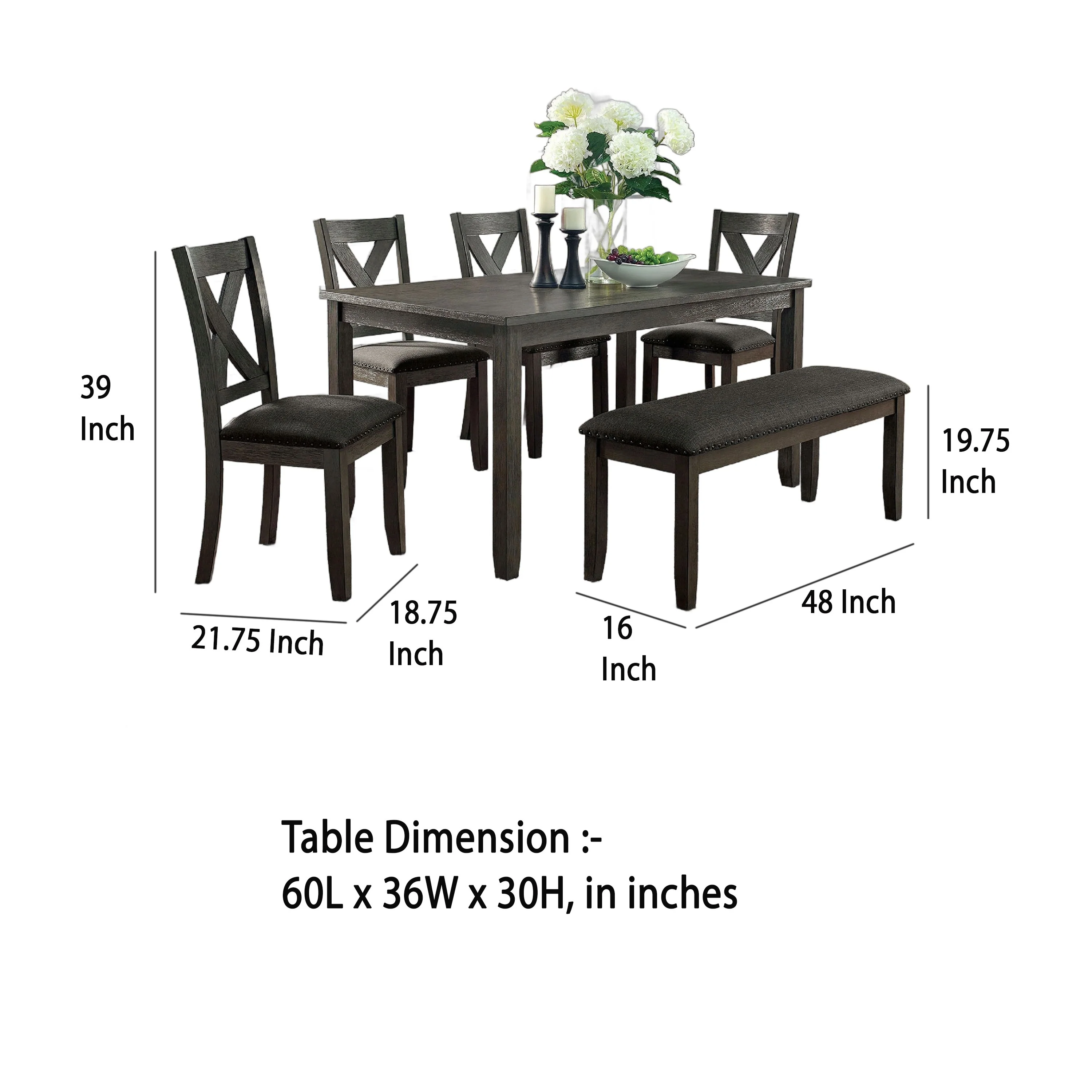 Garie 6pc Dining Table Set with Bench, 4 X-Cross Back Chair, Gray Wood