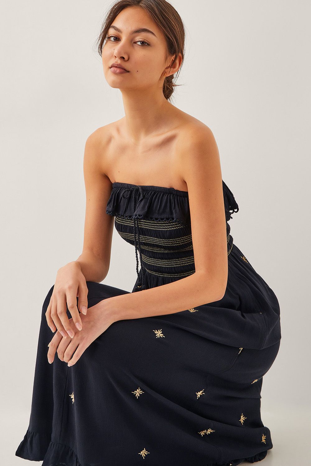 Monsoon Blair Embroidered Frill Midi Dress Black