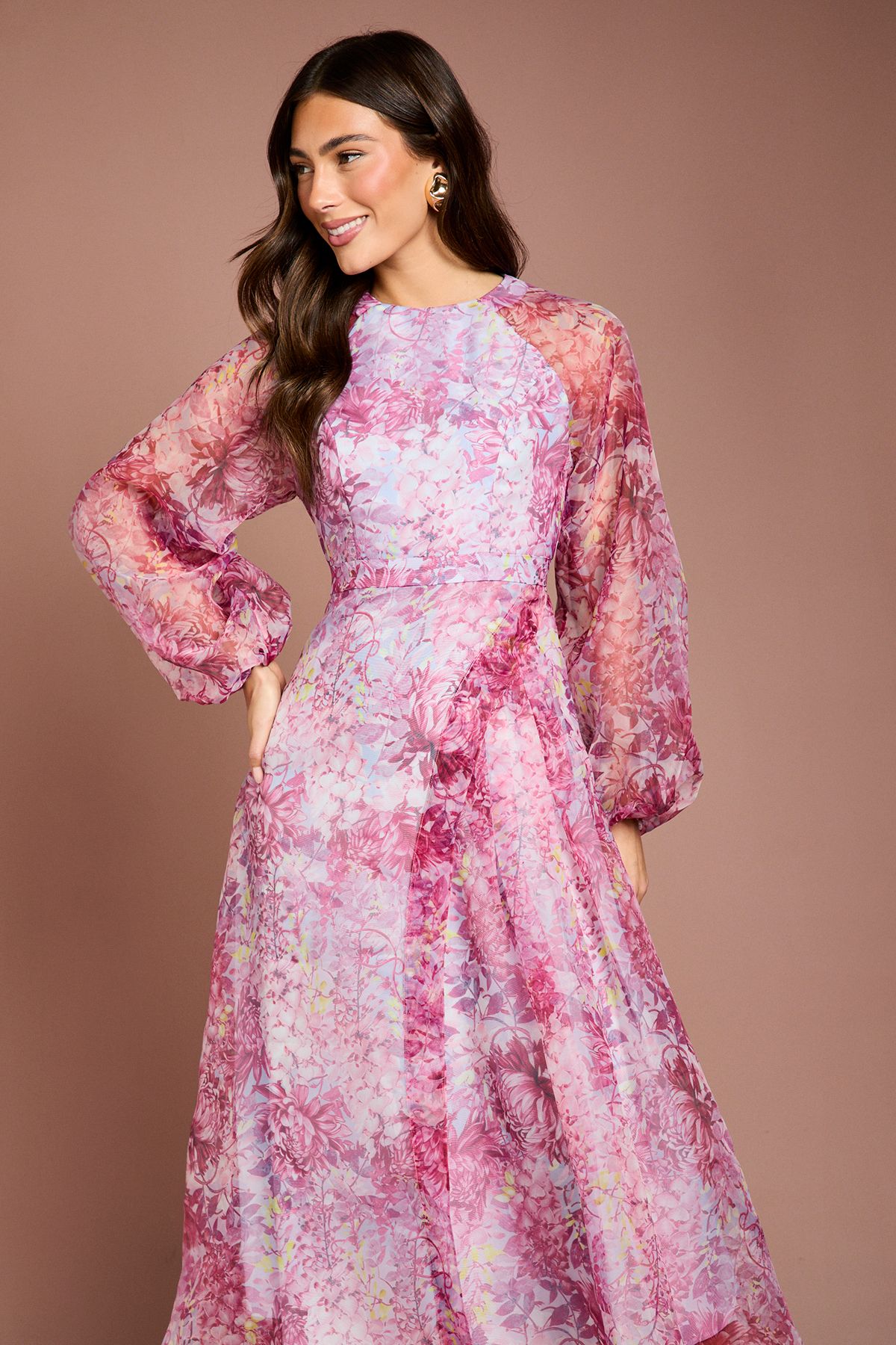 Coast Organza Wrap Waist Puff Sleeve Midi Dress