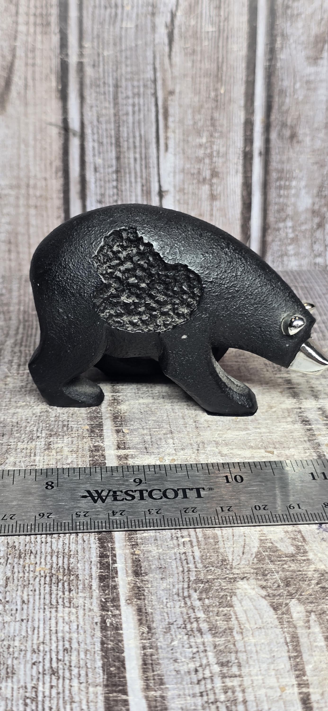 Vintage Mid Century Modern Cast Iron Bear Figurine, Chrome Accents & Textured Fur Finish